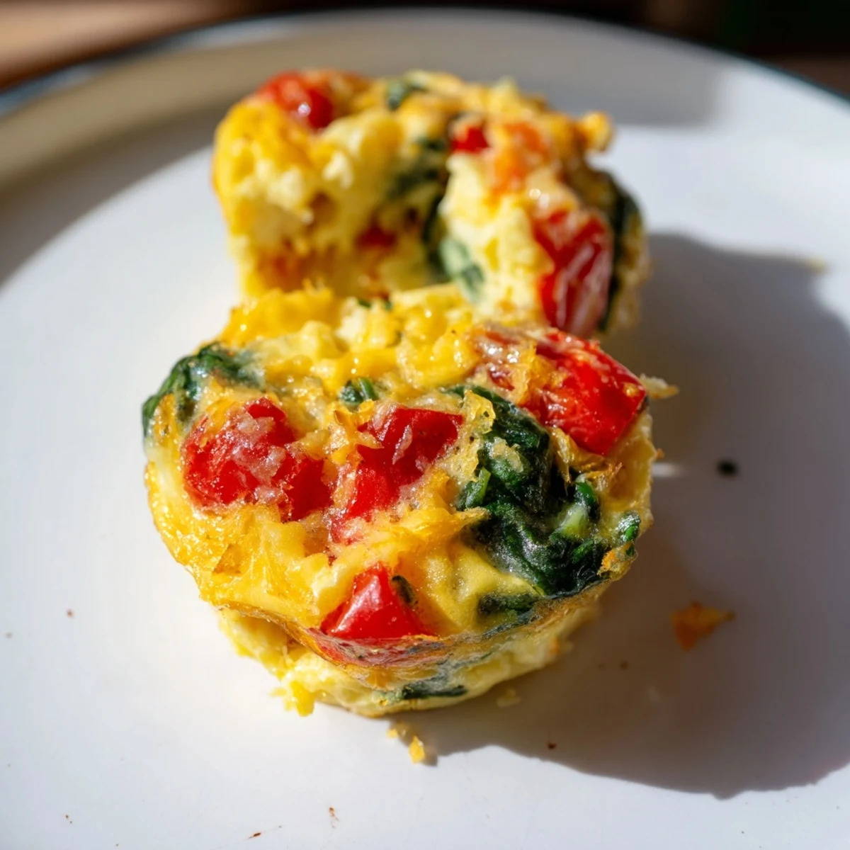 Savory mini Best Frittata Egg Muffins with spinach, bell peppers, and cherry tomatoes.