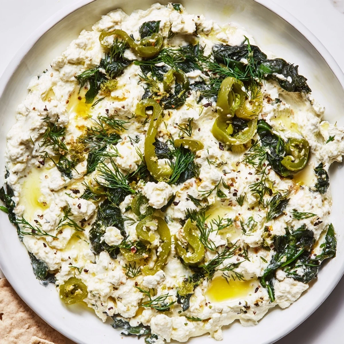 Golden brown Spinach and Pepperoncini Baked Feta Dip in a baking dish, surrounded by crunchy vegetable crudités and warm bread for dipping.