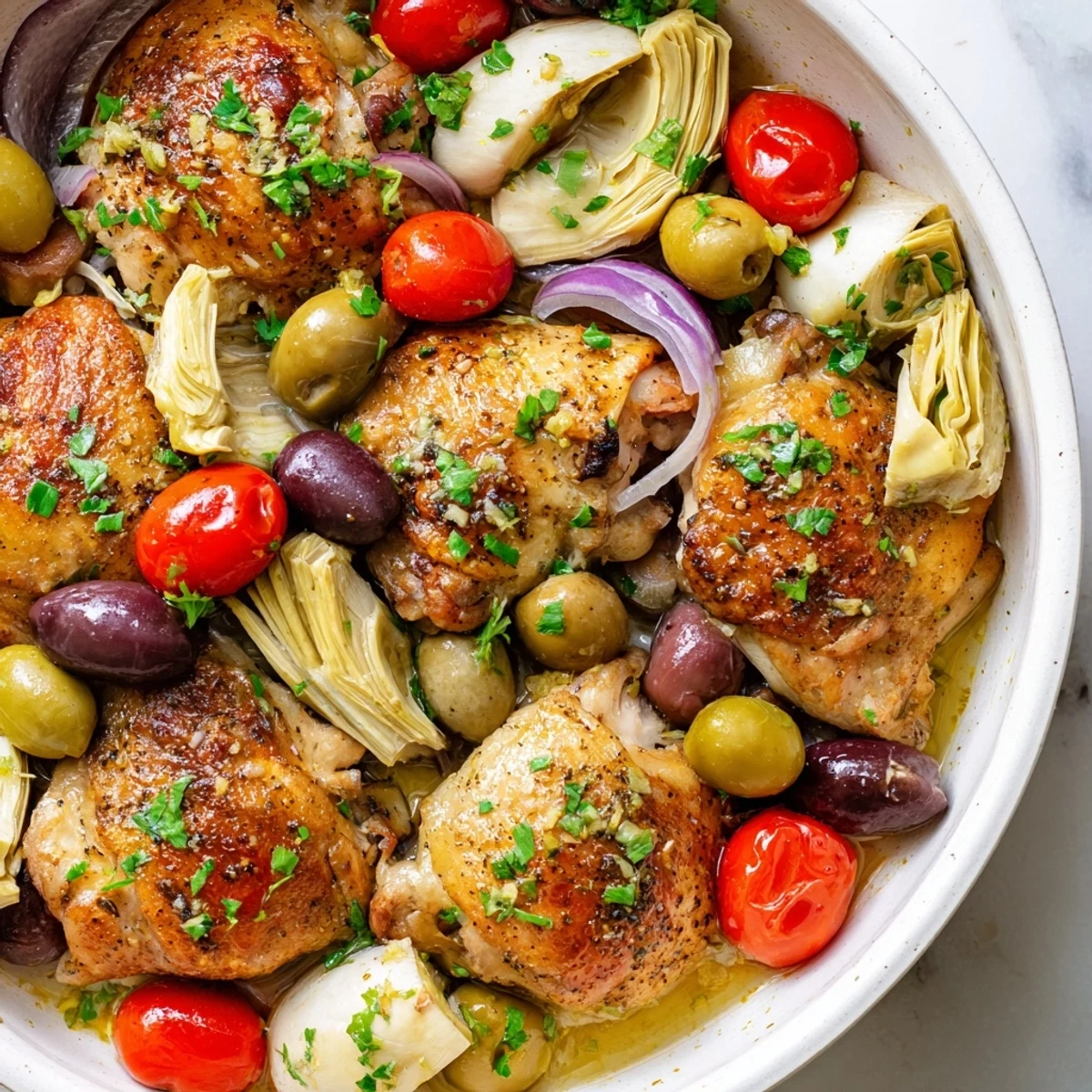 Close-up of tender Mediterranean Lemon Chicken with Artichokes and Olives next to crusty bread for soaking up the pan juices.