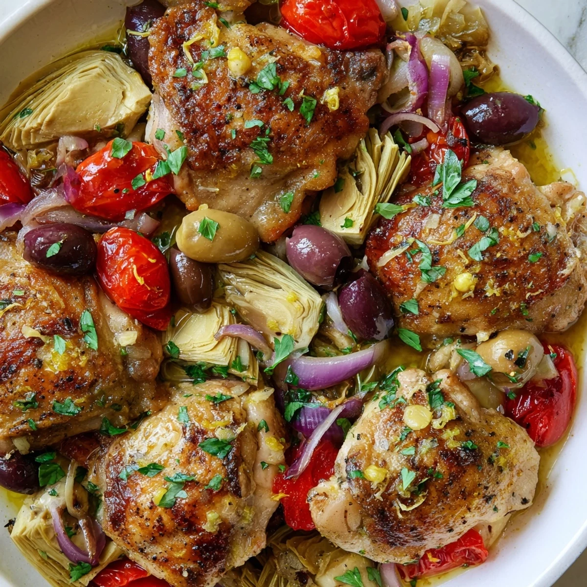 A golden baked Mediterranean Lemon Chicken with Artichokes and Olives served in a skillet garnished with fresh parsley.