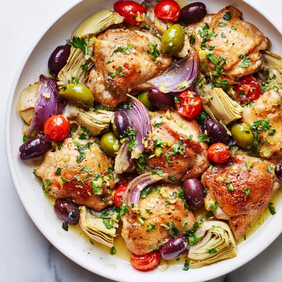 Vibrant Mediterranean Lemon Chicken with Artichokes and Olives plated with cherry tomatoes and a lemon wedge for serving.