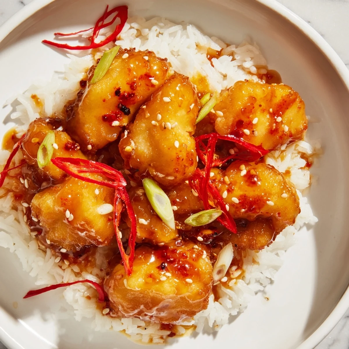 Golden-fried cod strips glisten with sweet and spicy glaze over a mound of fluffy rice, topped with a vibrant chili-garlic drizzle and fresh green onions.