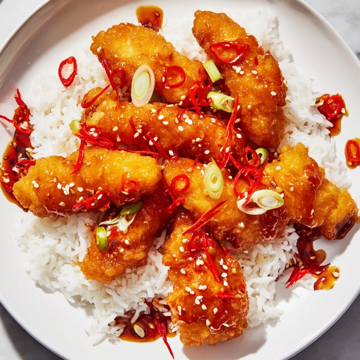 A close-up of crispy Sweet & Spicy Cod Strips with Chili-Garlic Drizzle over Rice, garnished with sesame seeds and cilantro on a white ceramic plate.