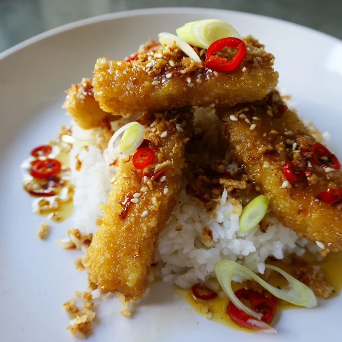 Sweet & Spicy Cod Strips with Chili-Garlic Drizzle over Rice feature tender fish pieces ready to be enjoyed with chopsticks on a cozy dinner table.