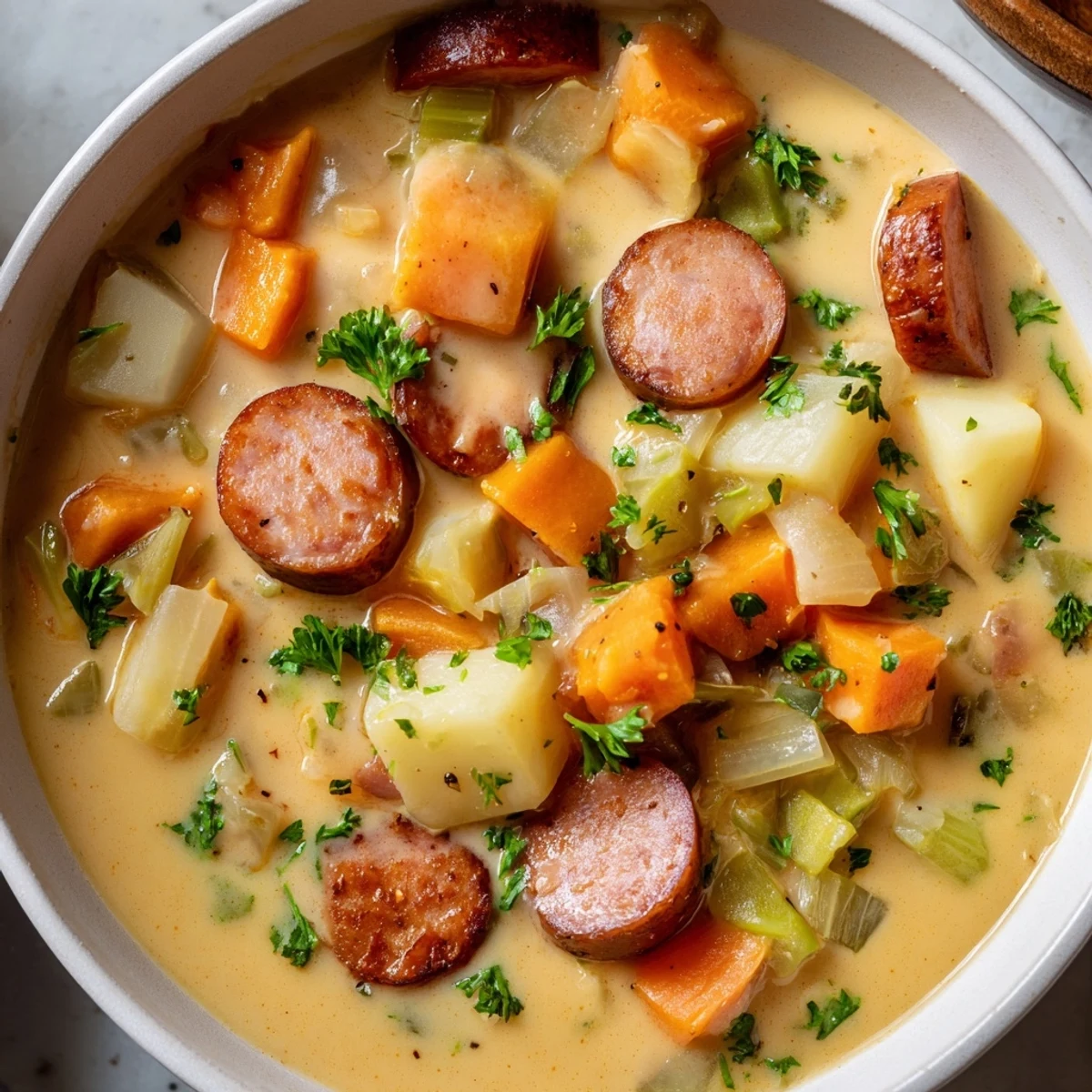 Creamy Sweet Potato and Sausage Soup steaming in a rustic bowl with a parsley garnish