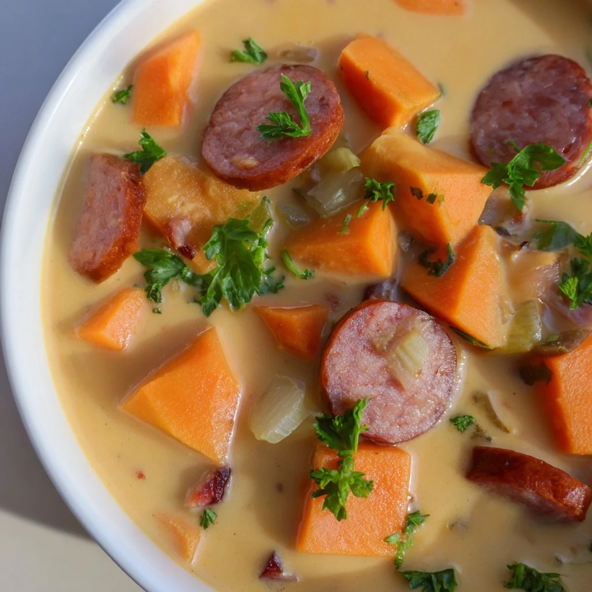 Velvety Creamy Sweet Potato and Sausage Soup served with crusty bread for dipping
