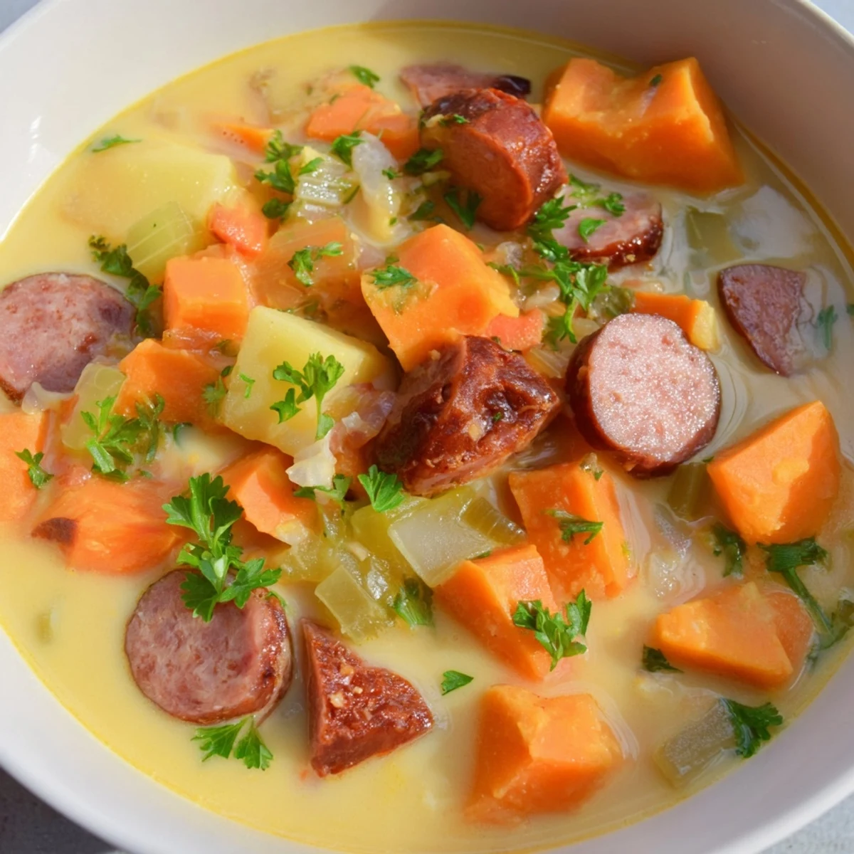 Hearty Creamy Sweet Potato and Sausage Soup swirled with cream and topped with fresh parsley