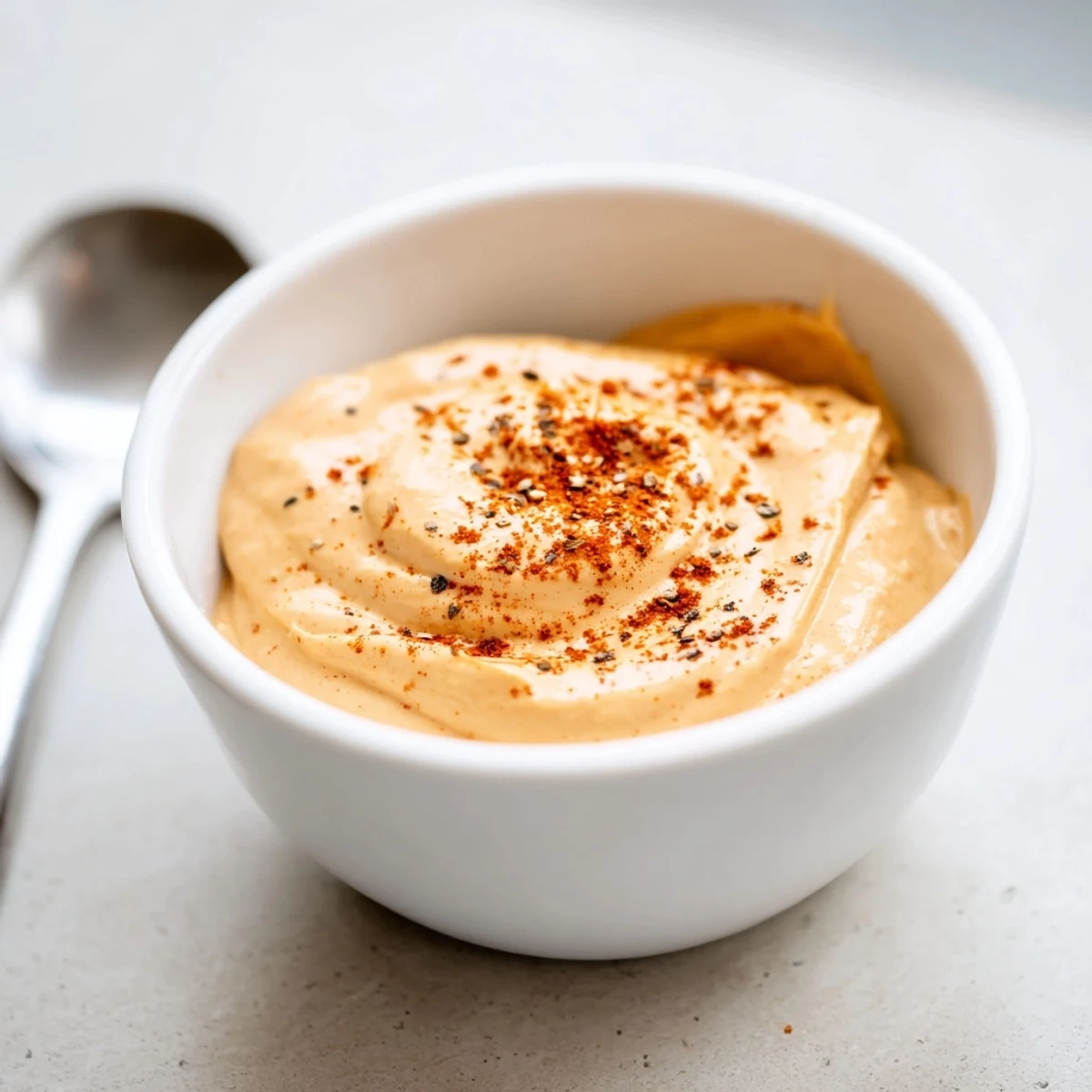 A bowl of creamy Spicy Aioli with a bright garnish, ready for dipping fries or spreading on sandwiches.