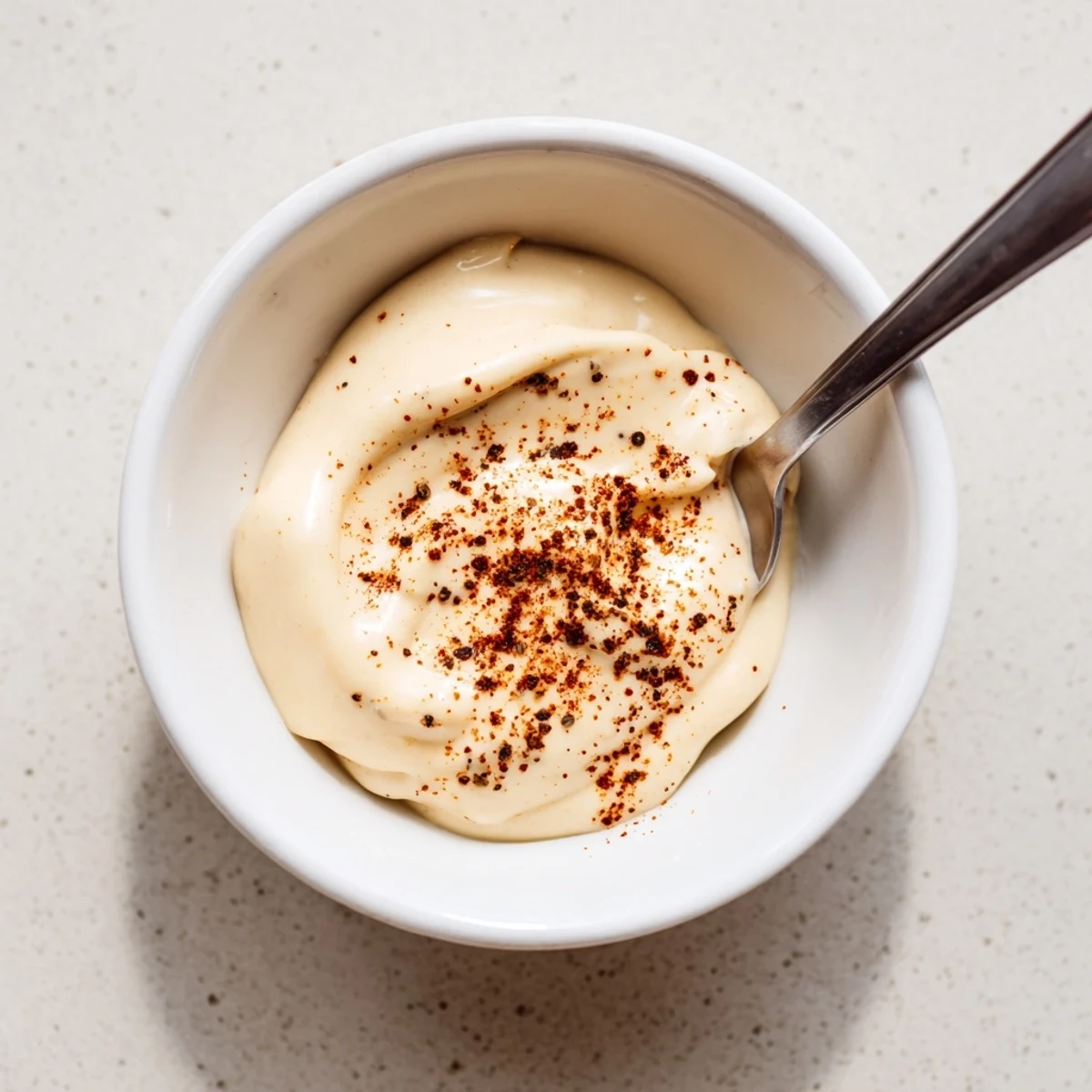 Golden fries are being dipped into a small cup of Spicy Aioli, highlighting the bold garlic aroma.