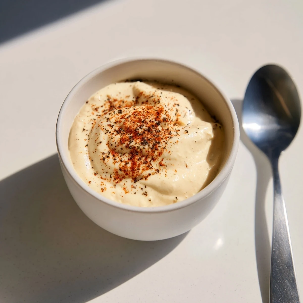 Close-up of Spicy Aioli drizzled over grilled chicken, showing its creamy texture and vibrant red paprika color.