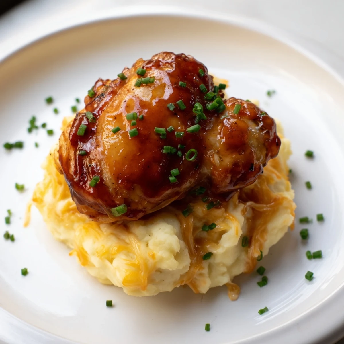 Golden brown chipotle honey chicken thighs with crispy skin rest beside creamy smoked Gouda potatoes, garnished with fresh chives.