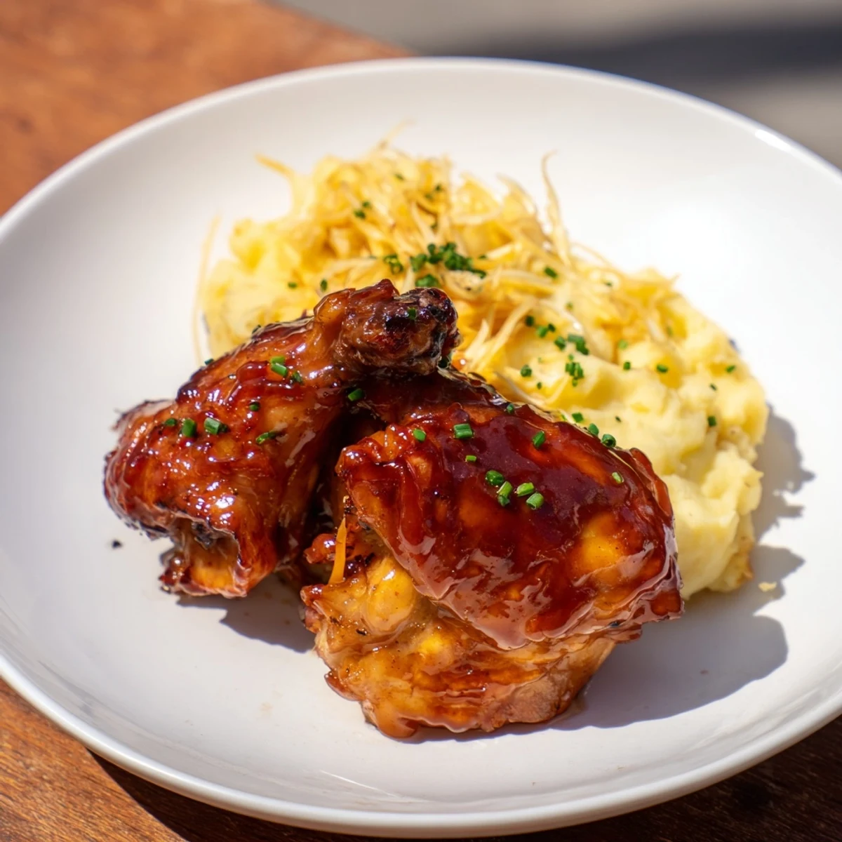 Plated chipotle honey chicken thighs and smoked Gouda potatoes, ready to serve with a sprinkle of fresh chives.