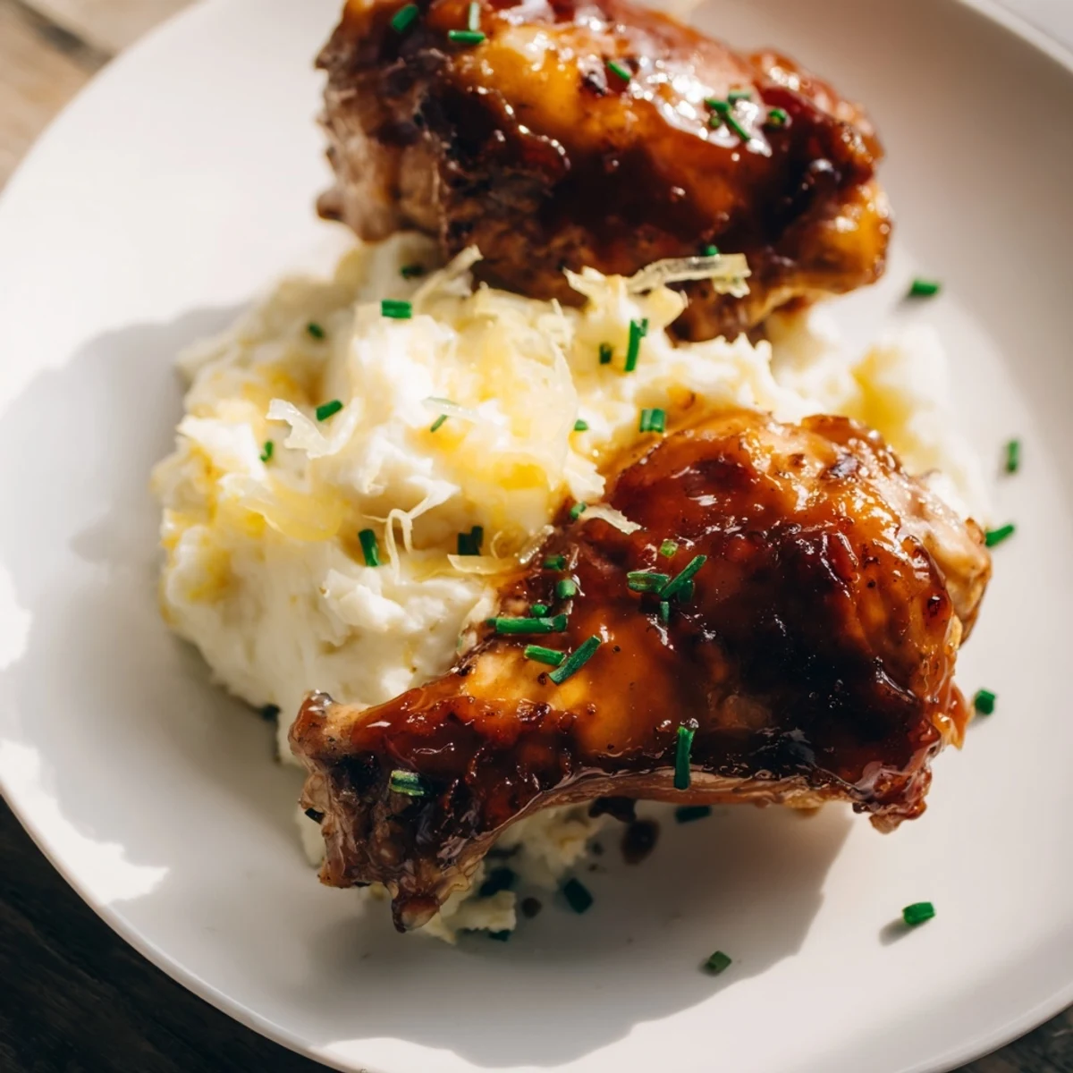 A close-up of tender chipotle honey chicken thighs paired with fluffy smoked Gouda potatoes, highlighting the rich, cheesy texture.