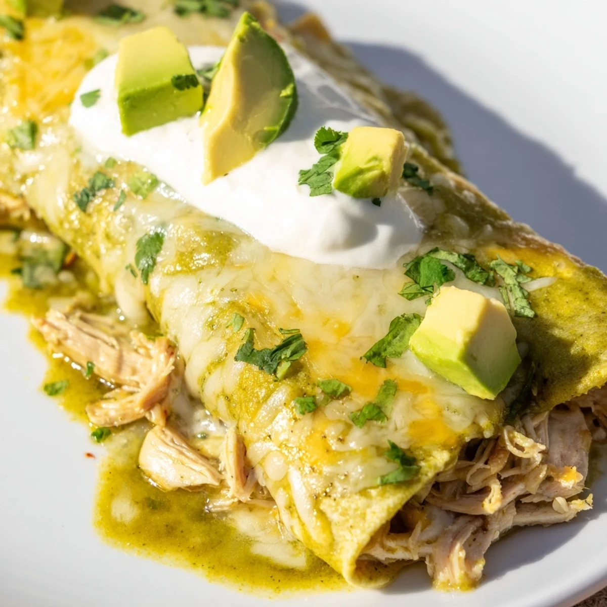 A close-up of Green Enchiladas With Chicken reveals melted Monterey Jack cheese and tender shredded chicken in corn tortillas.