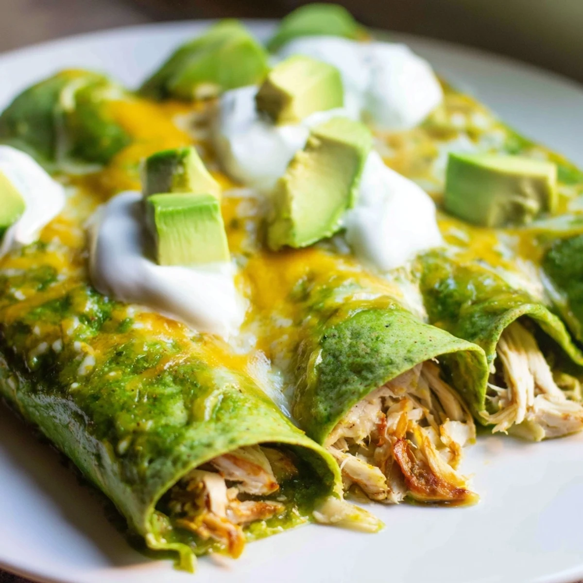 Freshly baked Green Enchiladas With Chicken sit in a white ceramic dish, topped with sour cream and cilantro.