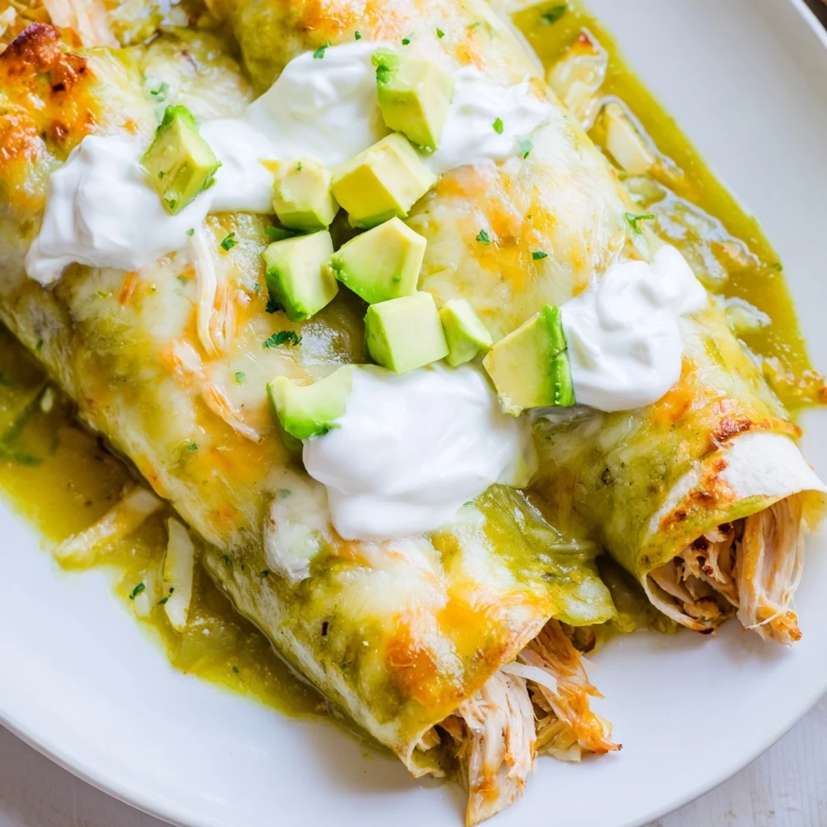 Serving suggestion for Green Enchiladas With Chicken includes a side of diced avocado and lime wedges on a rustic table.
