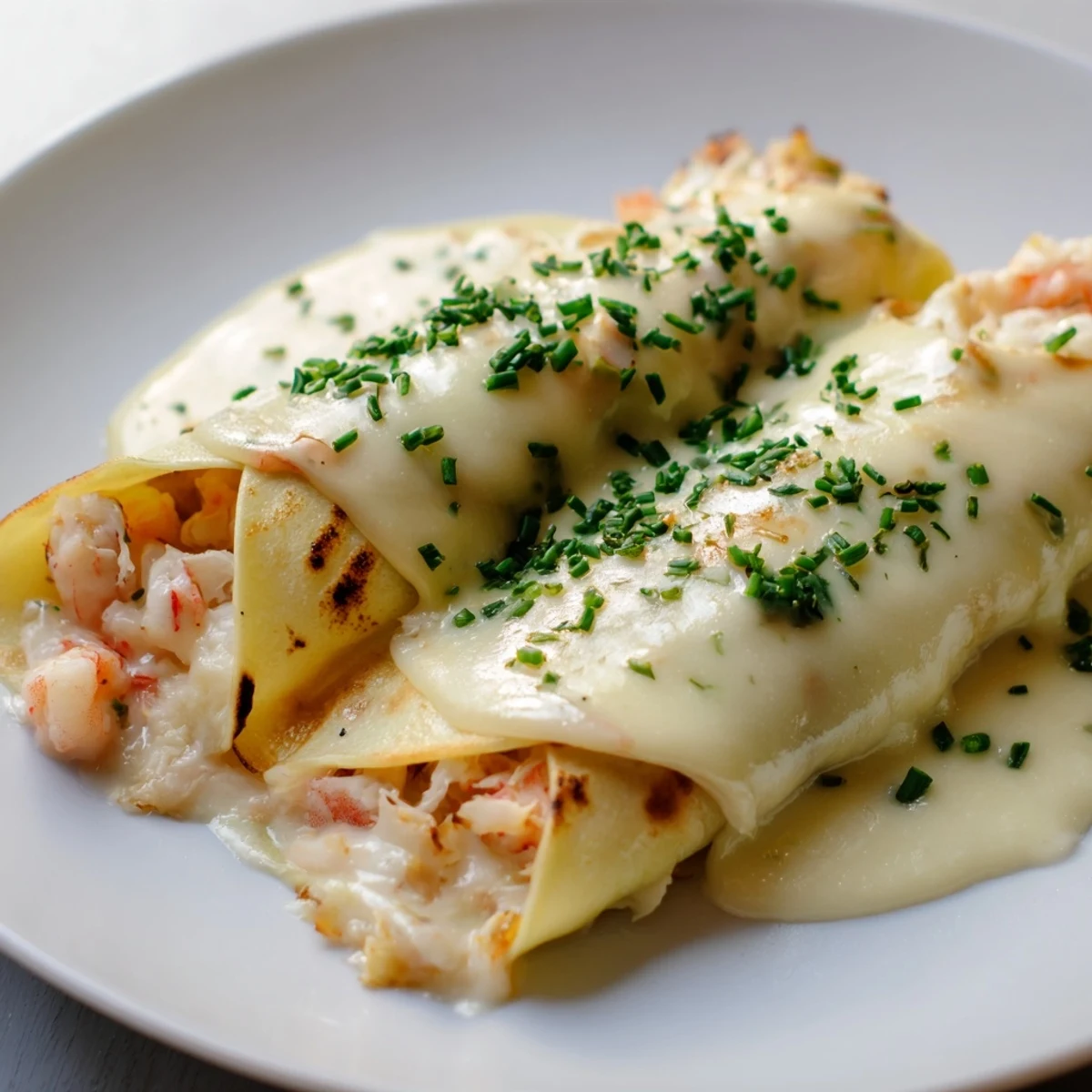 Gourmet Seafood Crêpes served hot from the oven with bubbly cheese topping and parsley.