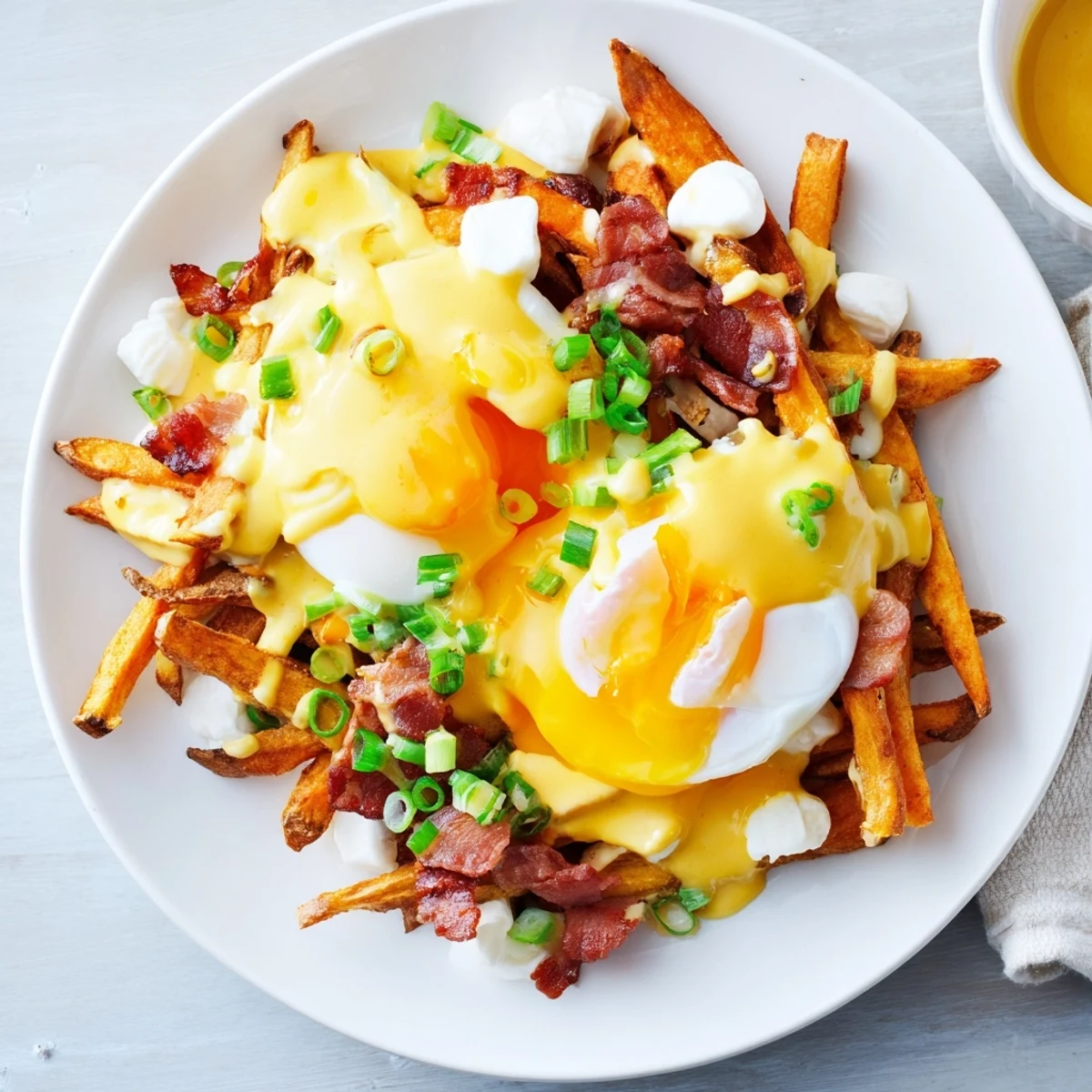 A close-up of the Ultimate Breakfast Poutine with Creamy Hollandaise Sauce featuring bacon crumbles and fresh green onions for brunch.