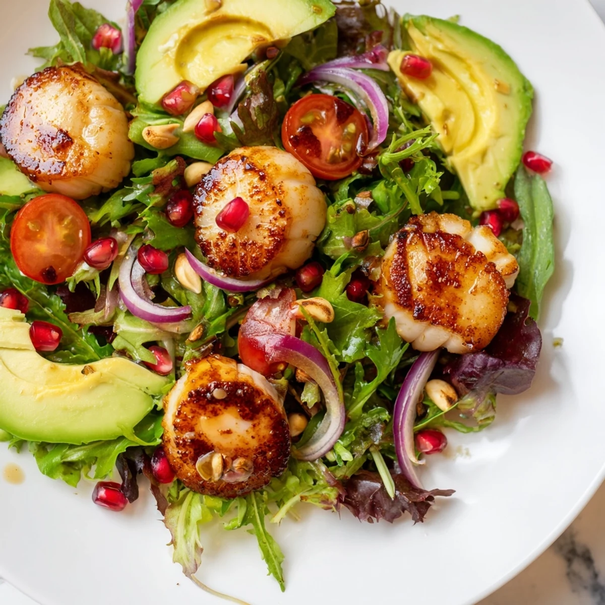 Golden-brown Pan Seared Scallops rest atop fresh greens, tomatoes, and avocado with a drizzle of citrus vinaigrette.