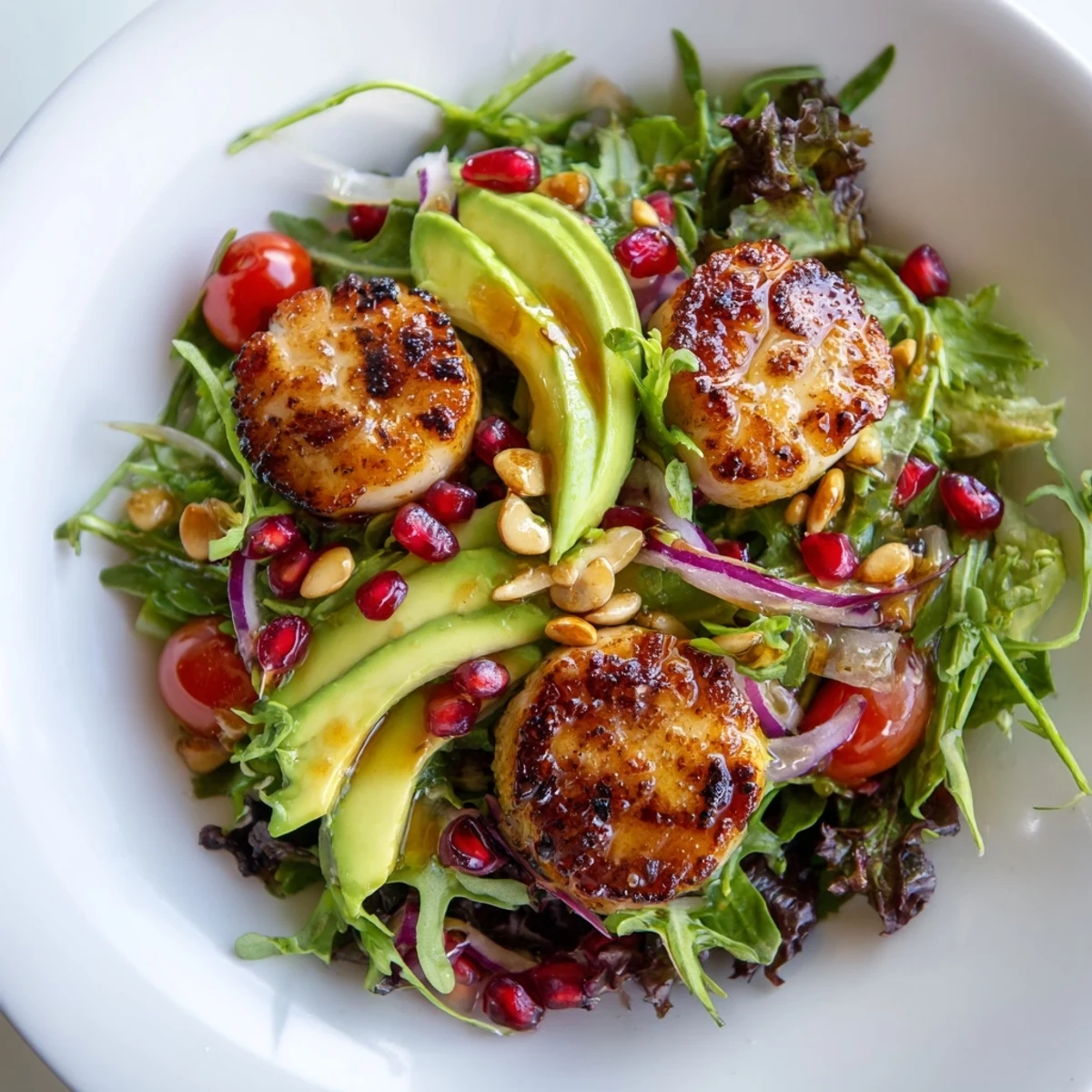 A romantic dinner salad featuring succulent Pan Seared Scallops, creamy avocado, and crunchy pine nuts on mixed greens.