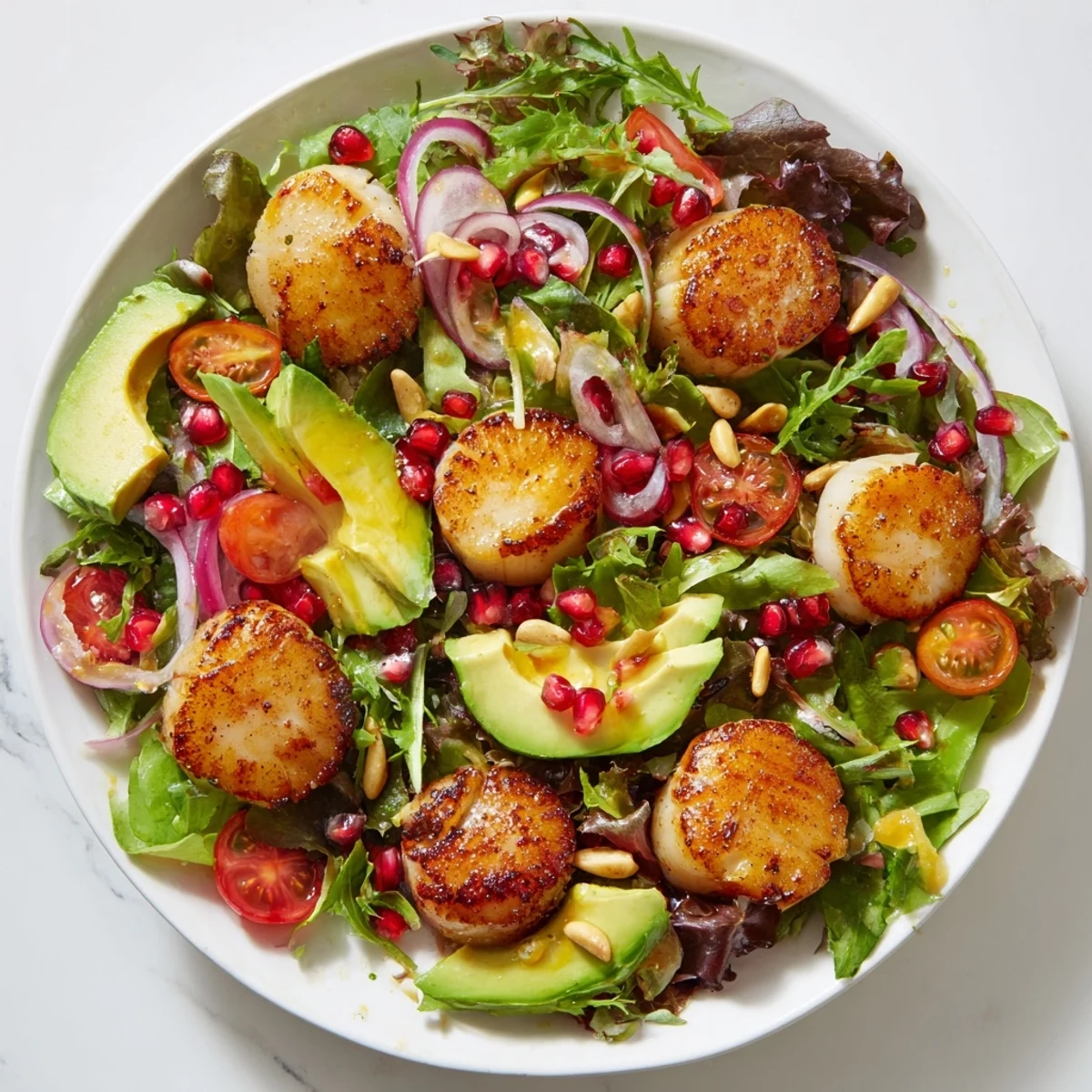 Elegant Pan Seared Scallops are served warm on a crisp salad, finished with tangy citrus vinaigrette and pomegranate arils.