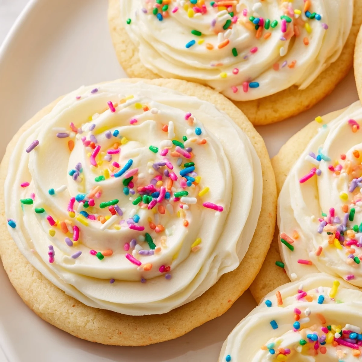 Walmart-Style Sugar Cookies with Buttercream Frosting stacked on a cooling rack, with pastel pink frosting and a glass of cold milk nearby.