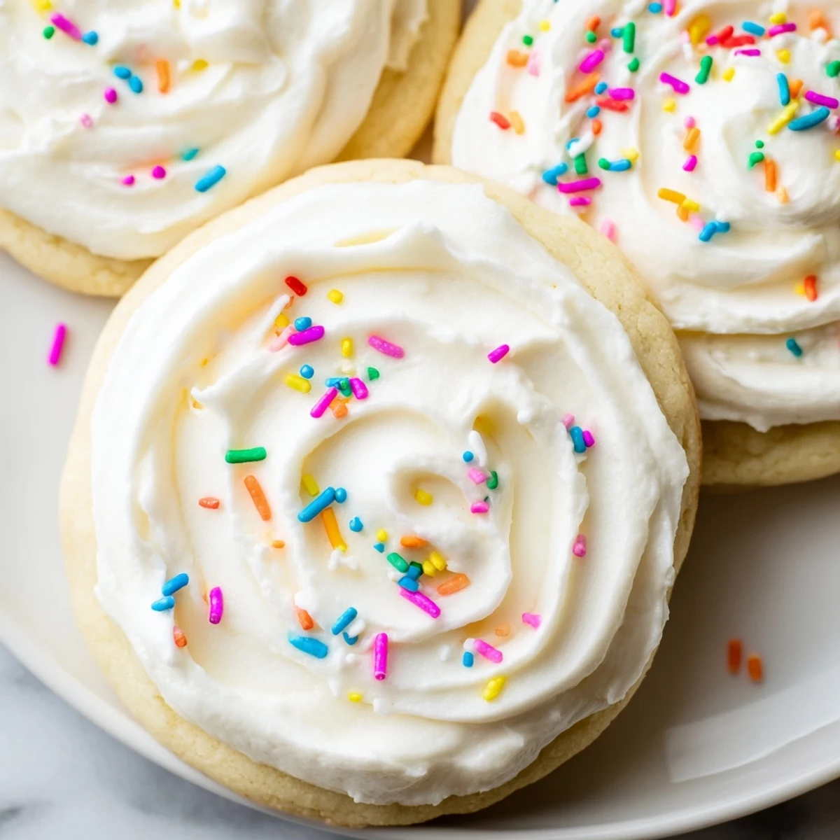 A close-up of Walmart-Style Sugar Cookies with Buttercream Frosting, showing soft cookies with thick, creamy swirls and colorful sprinkles for a party platter.