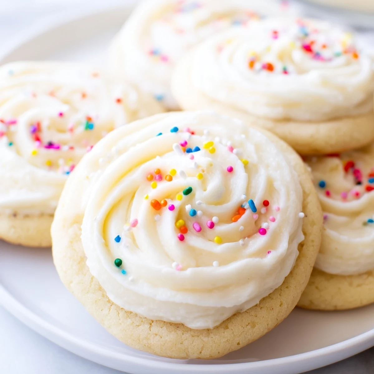 Freshly baked Walmart-Style Sugar Cookies with Buttercream Frosting arranged on a white plate, highlighting their soft texture and glossy vanilla frosting.