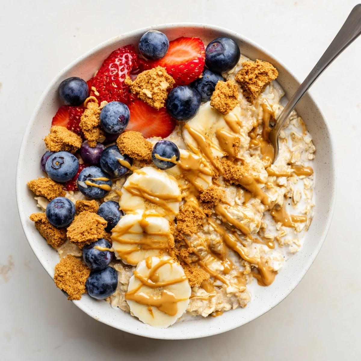 A close-up of Quick Biscoff Overnight Oats topped with fresh berries and a drizzle of melted Biscoff spread.