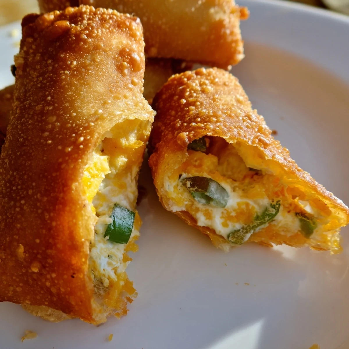 Golden brown Mini Jalapeño Popper Egg Rolls, crispy and hot on a rustic plate with a side of ranch dip.