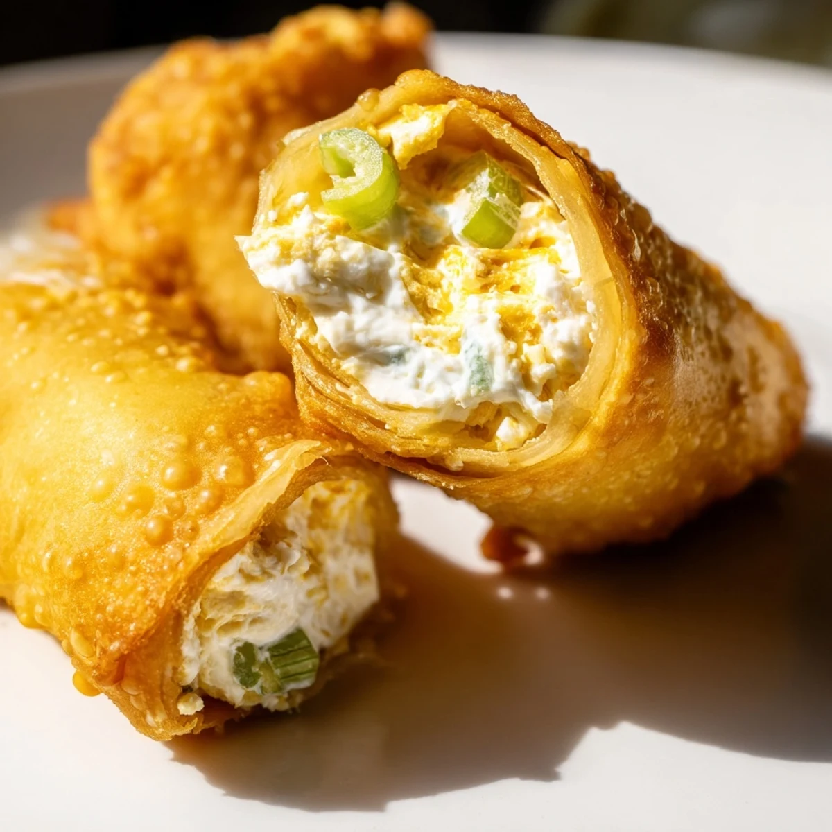 Mini Jalapeño Popper Egg Rolls stacked on a wooden board, showing creamy cheese filling and specks of green jalapeño.