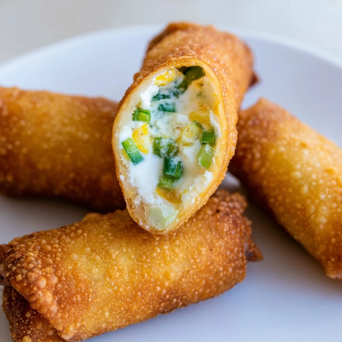 Freshly fried Mini Jalapeño Popper Egg Rolls arranged beside sliced jalapeños for garnish on a marble countertop.