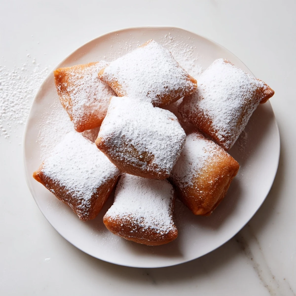 Freshly fried Vanilla French Beignets, golden brown and dusted with powdered sugar on a rustic plate.