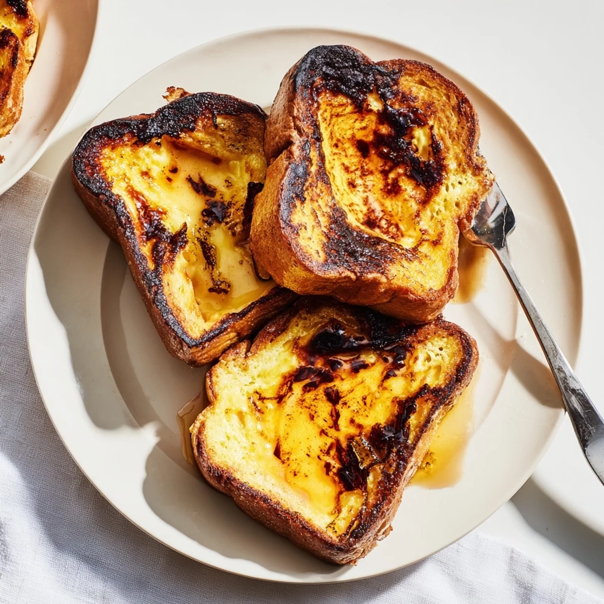 Thick slices of Crème Brûlée French Toast glisten with caramelized sugar and rich custard, topped with fresh berries for serving.