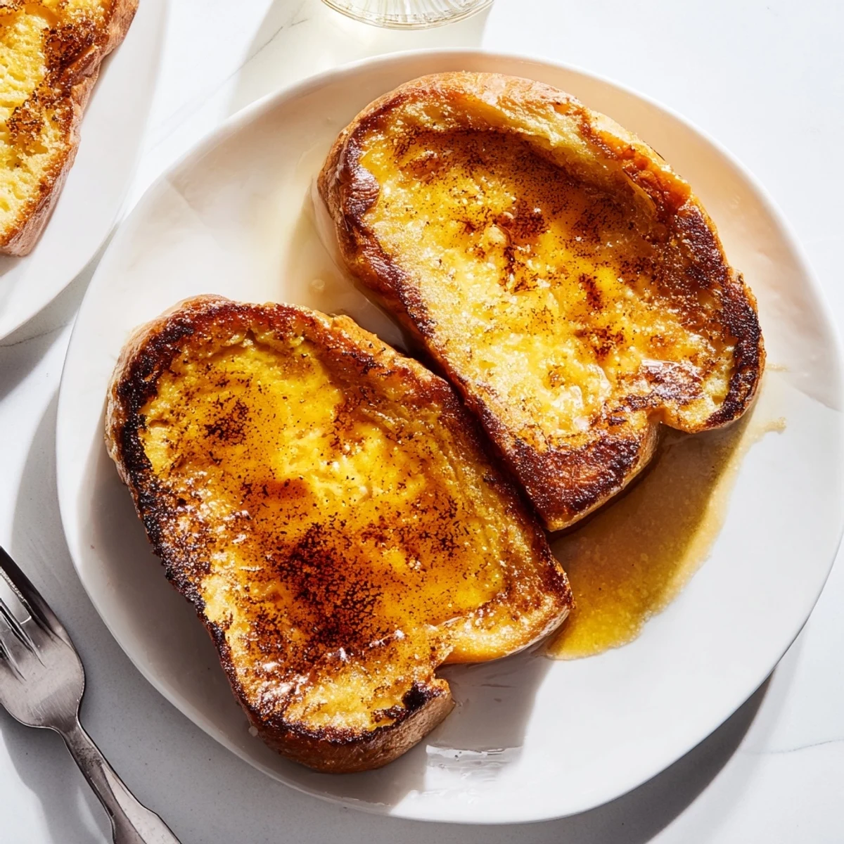 Golden-brown Crème Brûlée French Toast emerges from the oven, layered over a bubbling caramel sauce in a 9x13 baking dish.