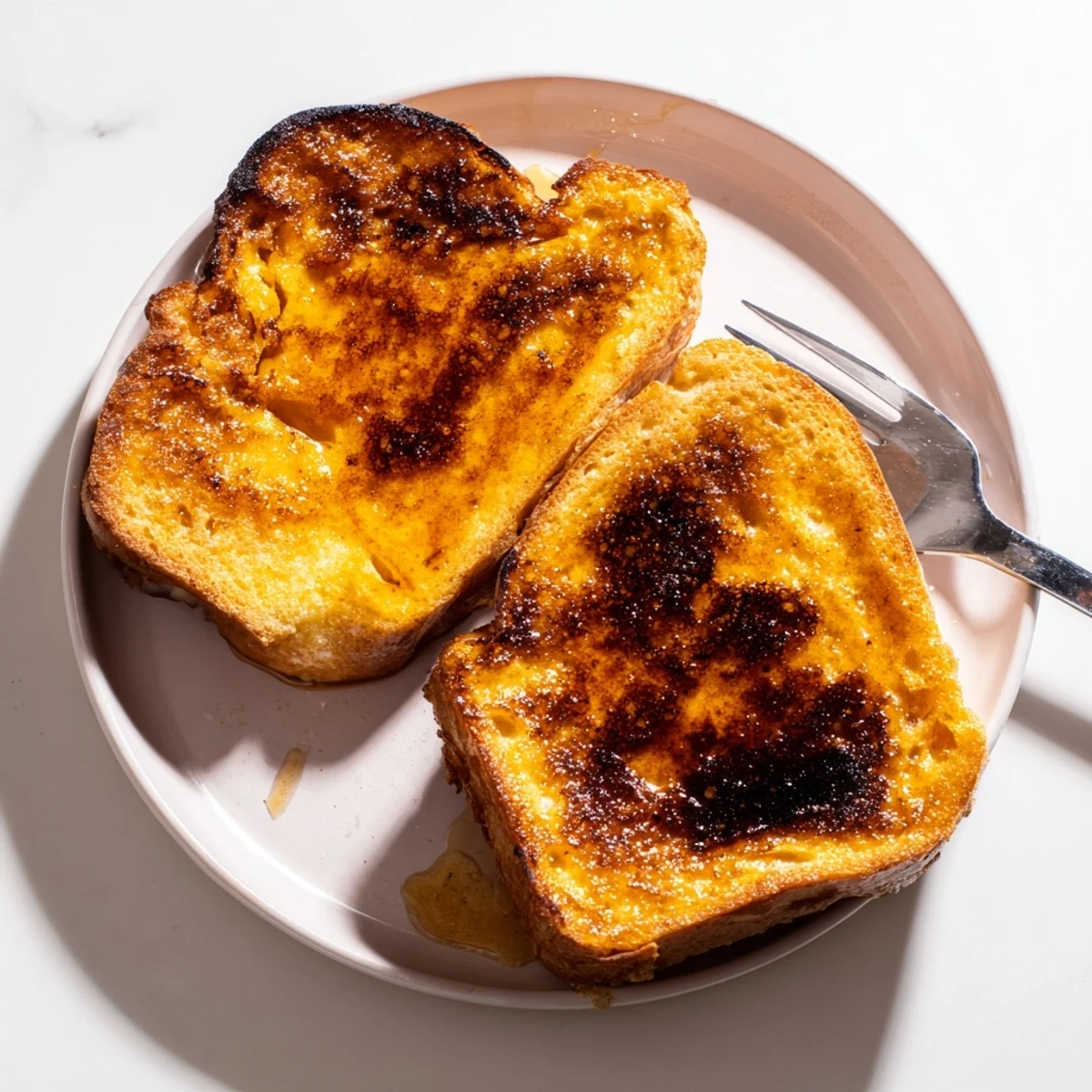 Close-up of Crème Brûlée French Toast showing a crackling sugar crust and soft custard-soaked brioche, perfect for a brunch spread.