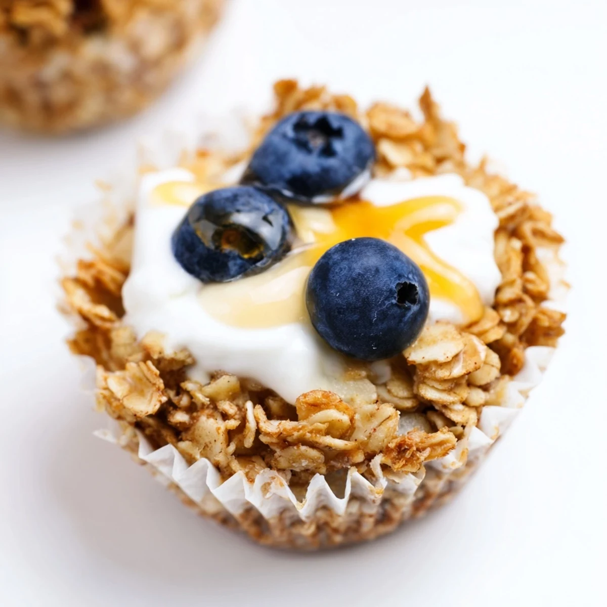 Baked Oatmeal Cups with Greek Yogurt are arranged on a wooden board with morning sunlight.