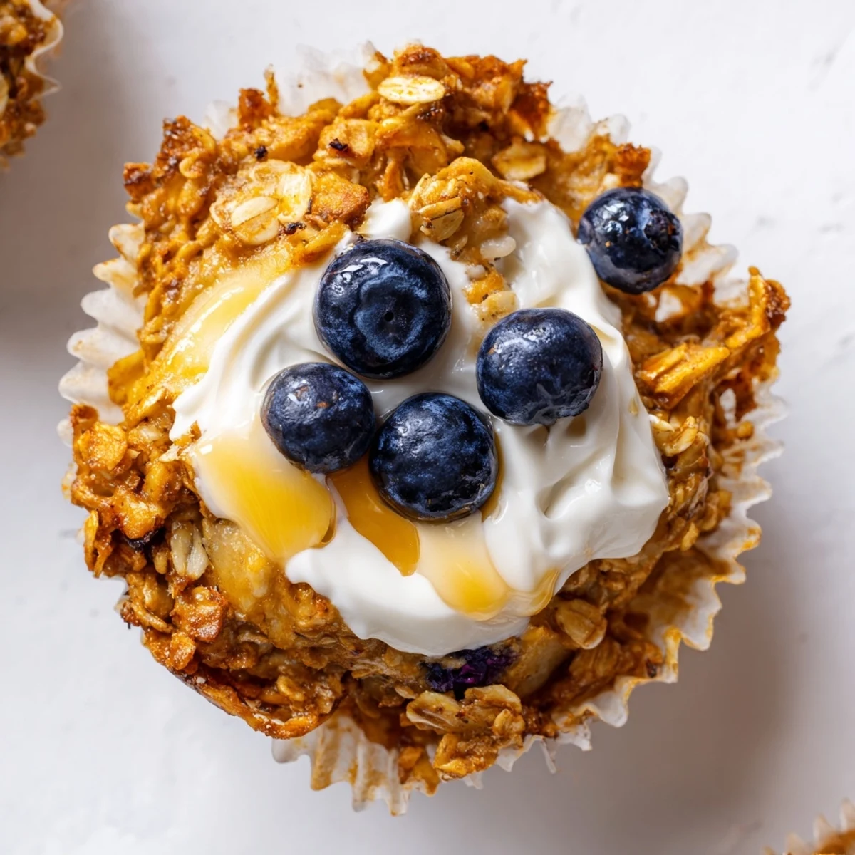 Golden baked oatmeal cups topped with a dollop of creamy Greek yogurt and fresh berries.