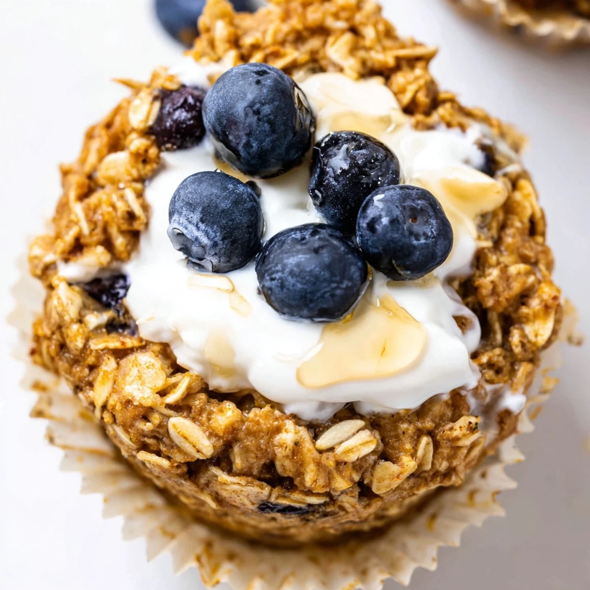 Moist oatmeal cups studded with blueberries and drizzled with honey beside a cup of coffee.