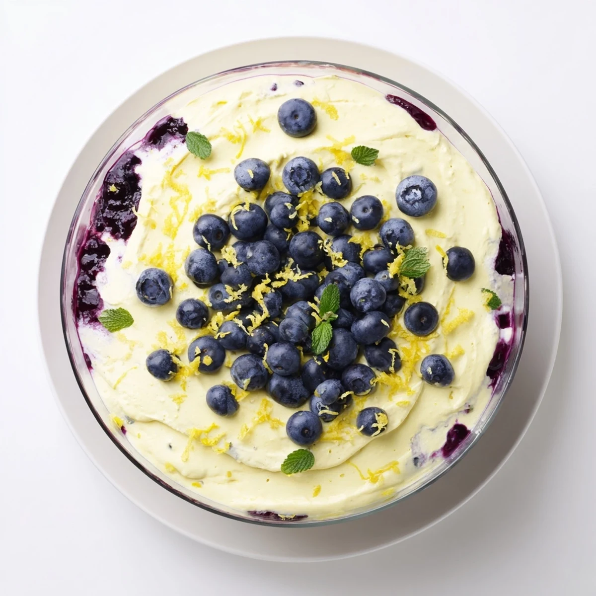 The finished Lemon Blueberry Mousse in a clear glass showing vibrant purple and yellow layers.