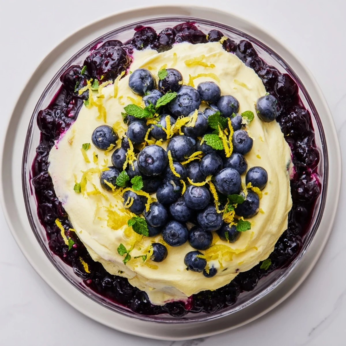 Delicious Lemon Blueberry Mousse dessert served in a parfait glass with a dollop of whipped cream.