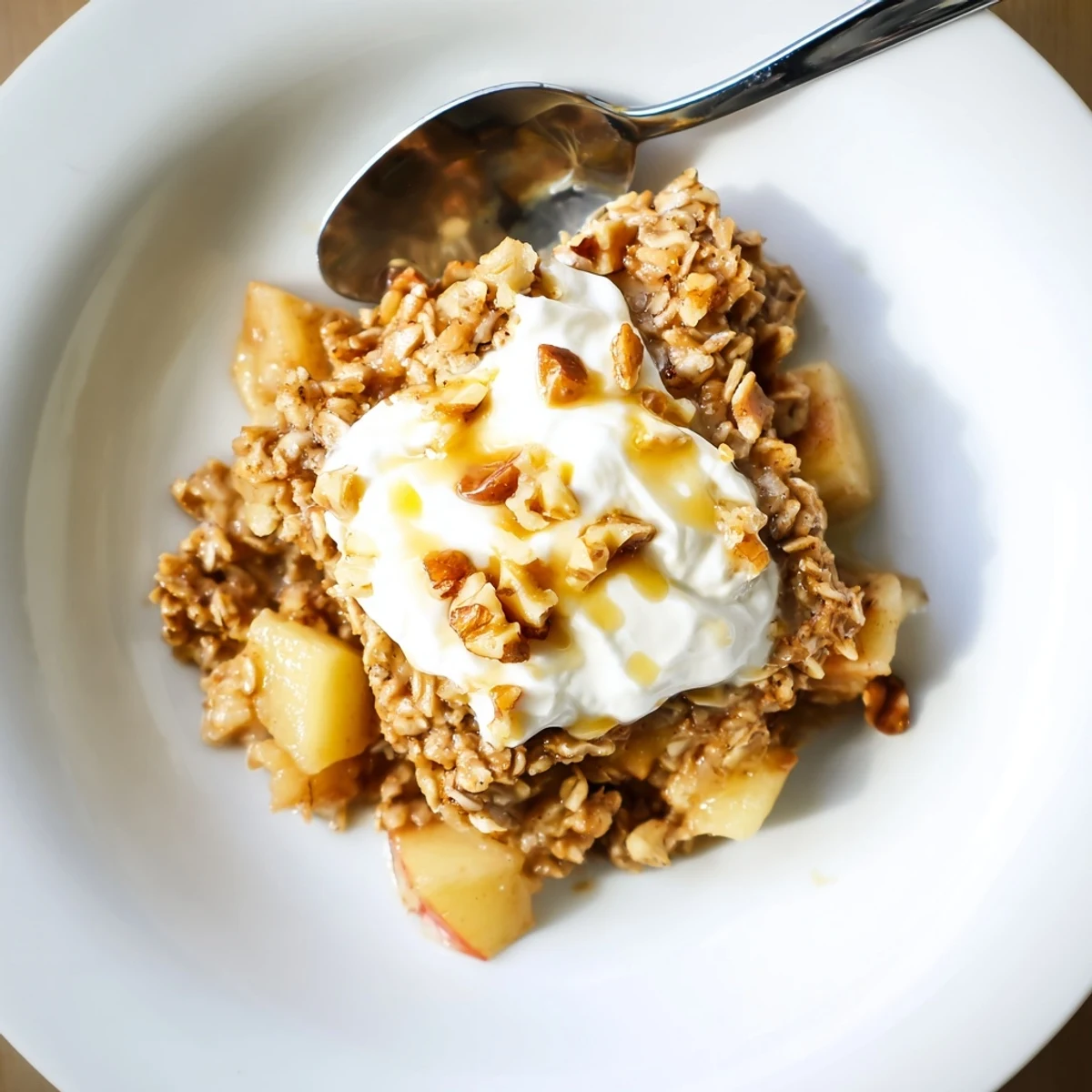 A slice of baked apple oatmeal with Greek yogurt shows golden oats and tender apple pieces.