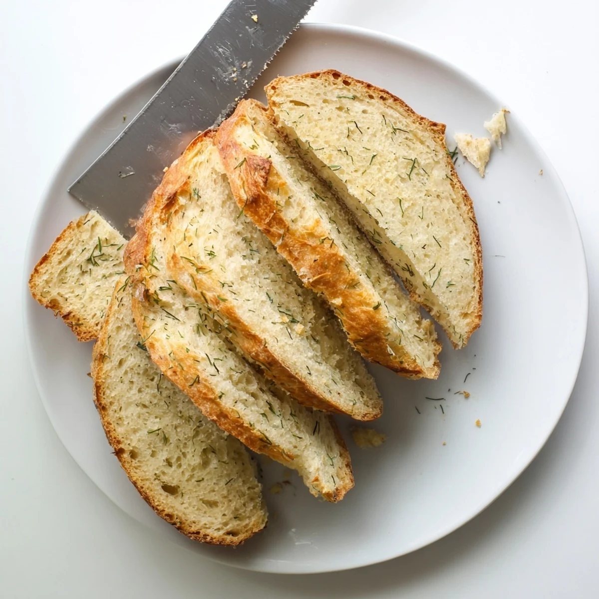 A close-up of a golden, rustic No Knead Dill Gouda Artisan Bread loaf with a crisp crust and soft, cheesy crumb. 