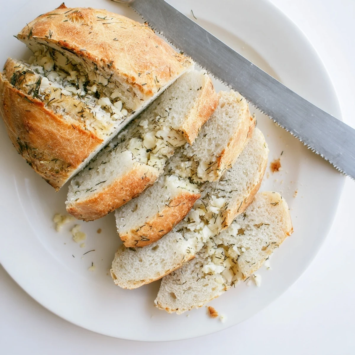 Fresh slices of No Knead Dill Gouda Artisan Bread show the green dill flecks and melted Gouda on a wooden board. 