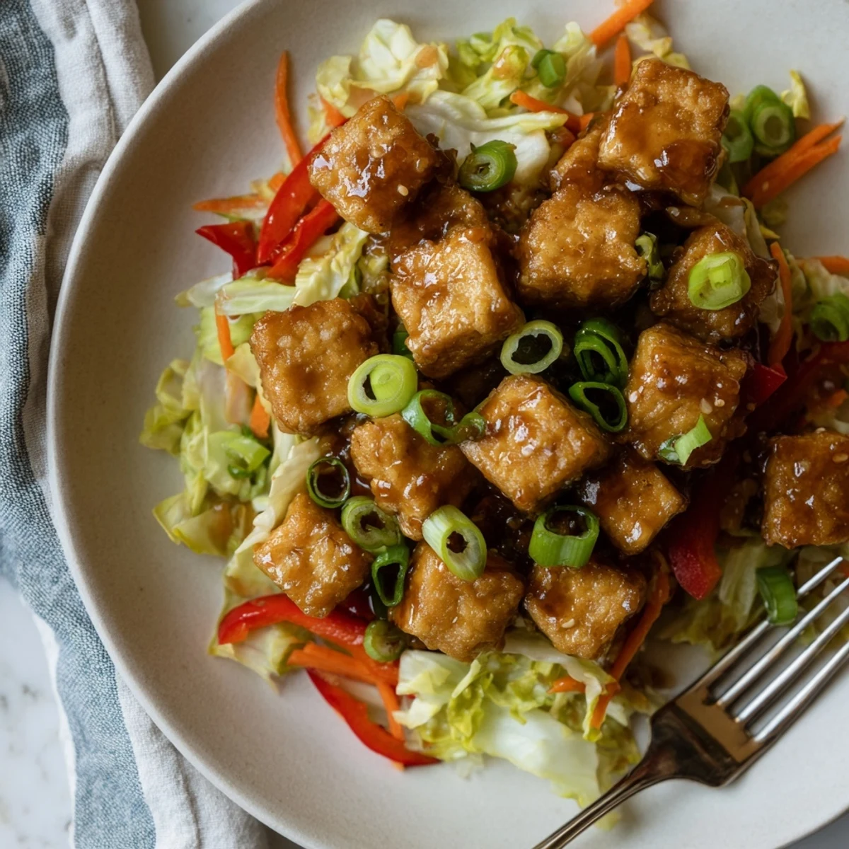 Golden-brown crispy tofu cubes and bright green cabbage pieces glistening in a savory garlic-ginger sauce, ready to serve over steamed rice.