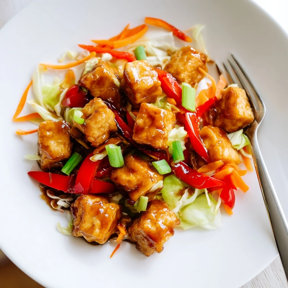 A close-up of Stir Fried Tofu and Cabbage with vibrant red bell peppers and onions in a hot wok for a quick weeknight dinner.