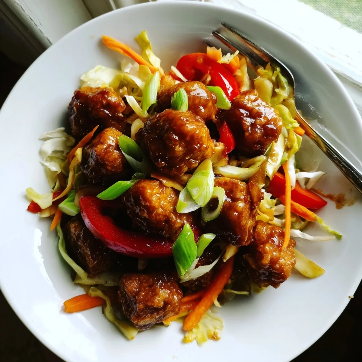 Healthy vegan Stir Fried Tofu and Cabbage plated in a white bowl, garnished with green onions and sesame seeds for a delicious Asian-inspired meal.