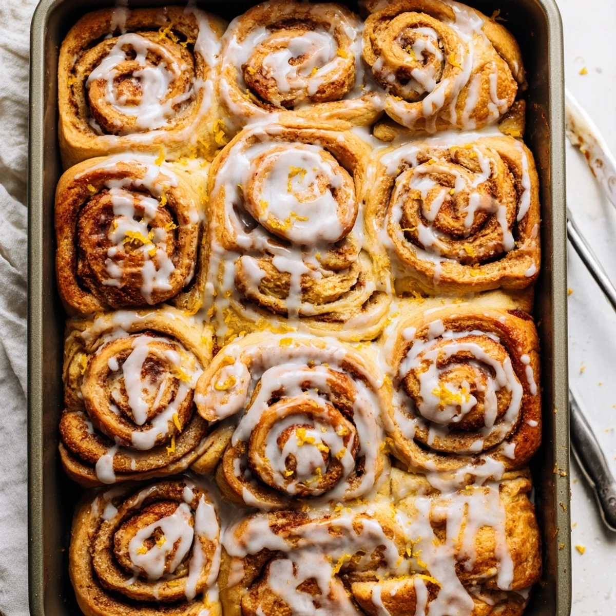 Golden-brown Homemade Glazed Orange Rolls fresh from the oven, drizzled with glossy citrus glaze.