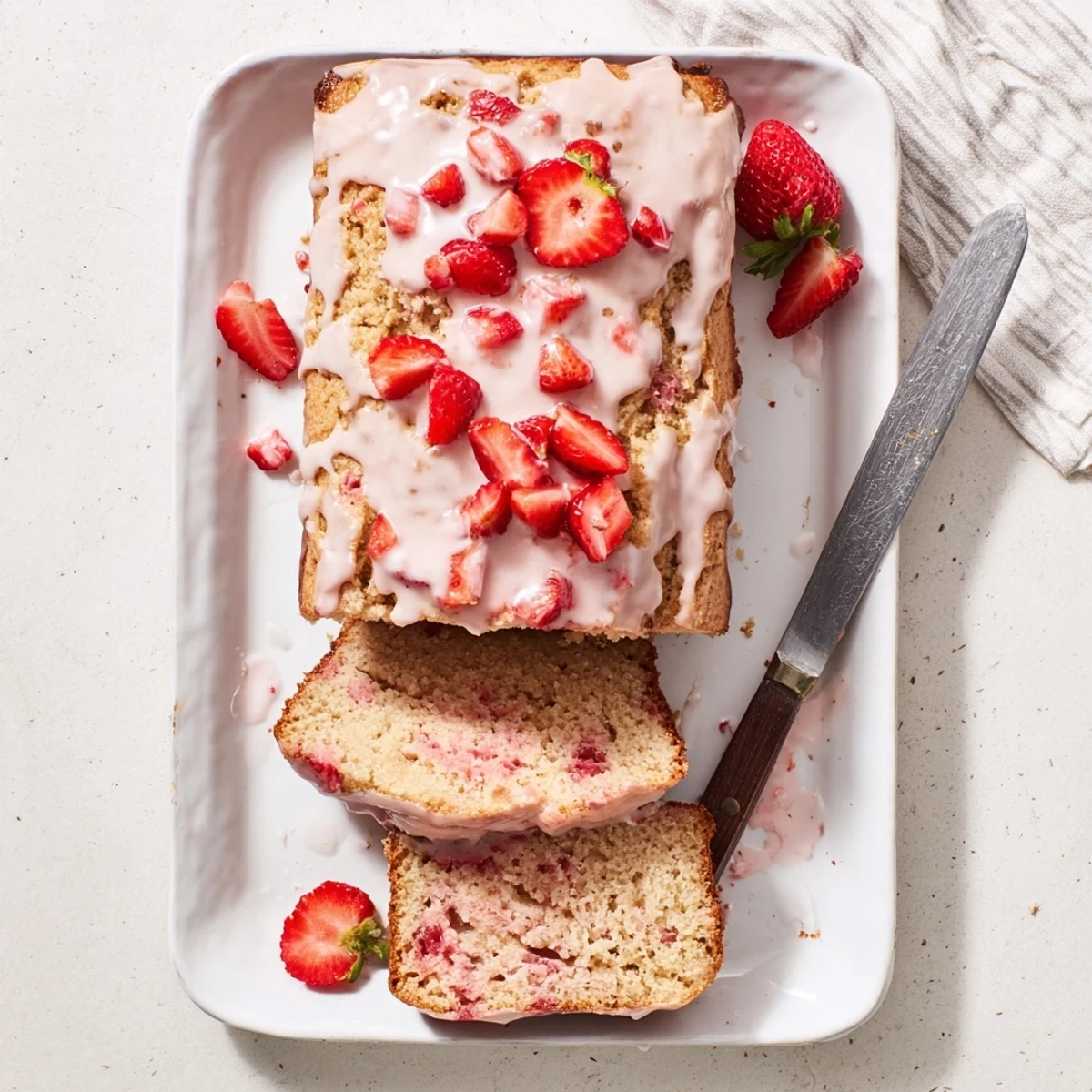 Golden, moist slices of Strawberry Milkshake Pound Cake show a tender crumb dotted with fresh berries and a glossy pink glaze on a white plate.  