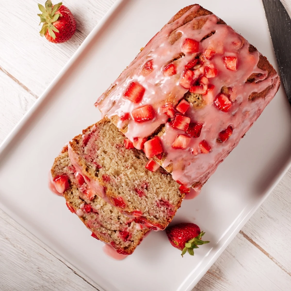 A freshly baked Strawberry Milkshake Pound cake sits beside a glass of pink strawberry milk and ripe berries, inviting an afternoon treat.  